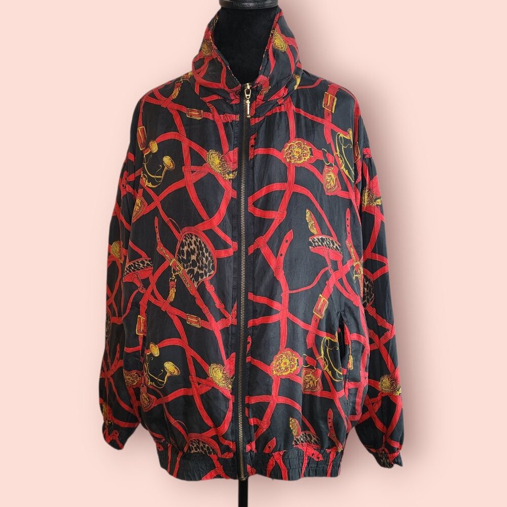 Vintage EVR 90s Silk Bomber Jacket with Baroque Chain Print retro size XL